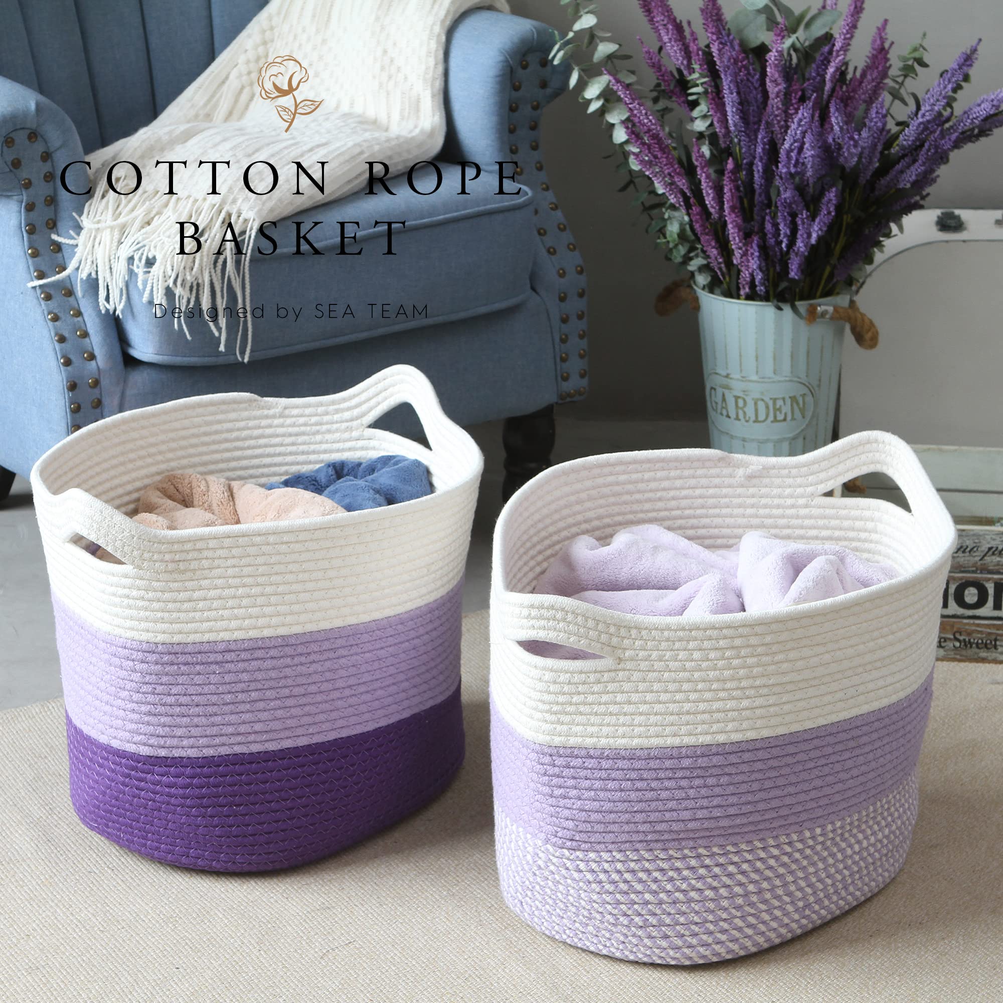 Sea Team Oval Large Cotton Rope Woven Storage Basket with Handles, White & Mottled Lavender, 16 x 13 inches