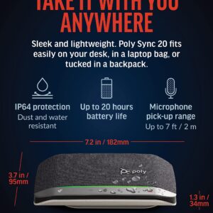 Poly Sync 20 USB-A Personal Portable Smart Speakerphone (Plantronics) - Connect to Mobile via Bluetooth, PC/Mac via Included USB-A Cable - Noise/Echo Reduction - Works w/Teams, Zoom - Amazon Exclusive