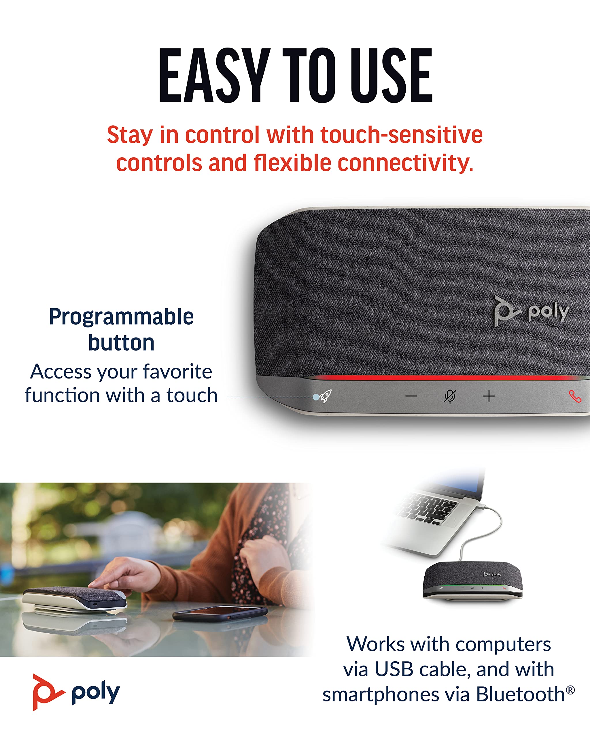 Poly Sync 20 USB-A Personal Portable Smart Speakerphone (Plantronics) - Connect to Mobile via Bluetooth, PC/Mac via Included USB-A Cable - Noise/Echo Reduction - Works w/Teams, Zoom - Amazon Exclusive