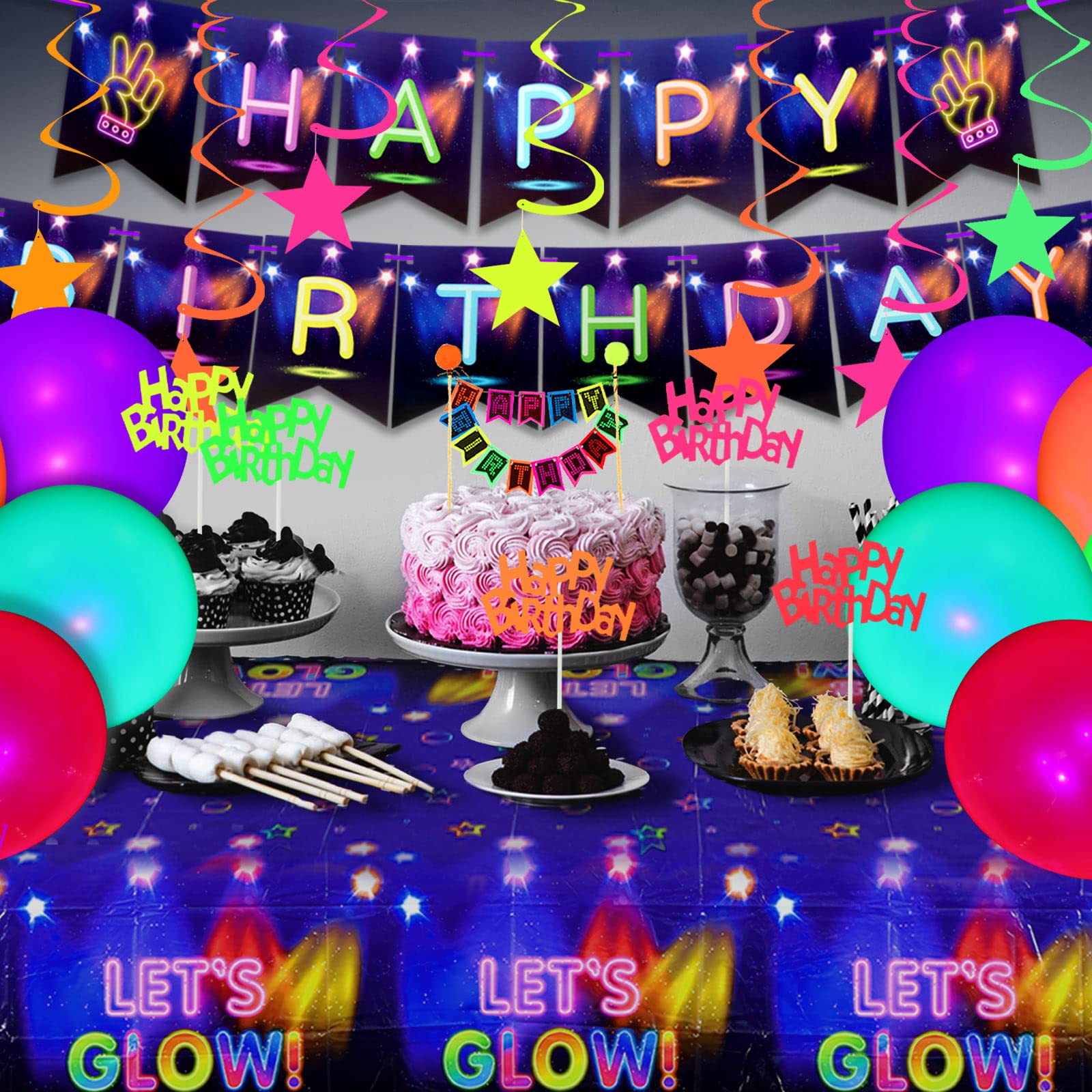 Zhanmai Glow Neon Party Supplies Glow in the Dark Birthday Party Decorations Include Fluorescent Balloons Neon Banner Tablecloth Blacklight Reactive Hanging Stars Cake Toppers for Neon Party