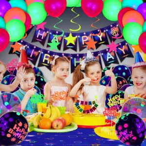 Zhanmai Glow Neon Party Supplies Glow in the Dark Birthday Party Decorations Include Fluorescent Balloons Neon Banner Tablecloth Blacklight Reactive Hanging Stars Cake Toppers for Neon Party