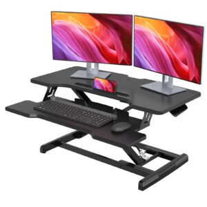 jylh joyseeker standing desk converter 32 inch, height adjustable sit stand desk riser, quick sit to stand tabletop dual monitor riser workstation for home office with keyboard tray, black