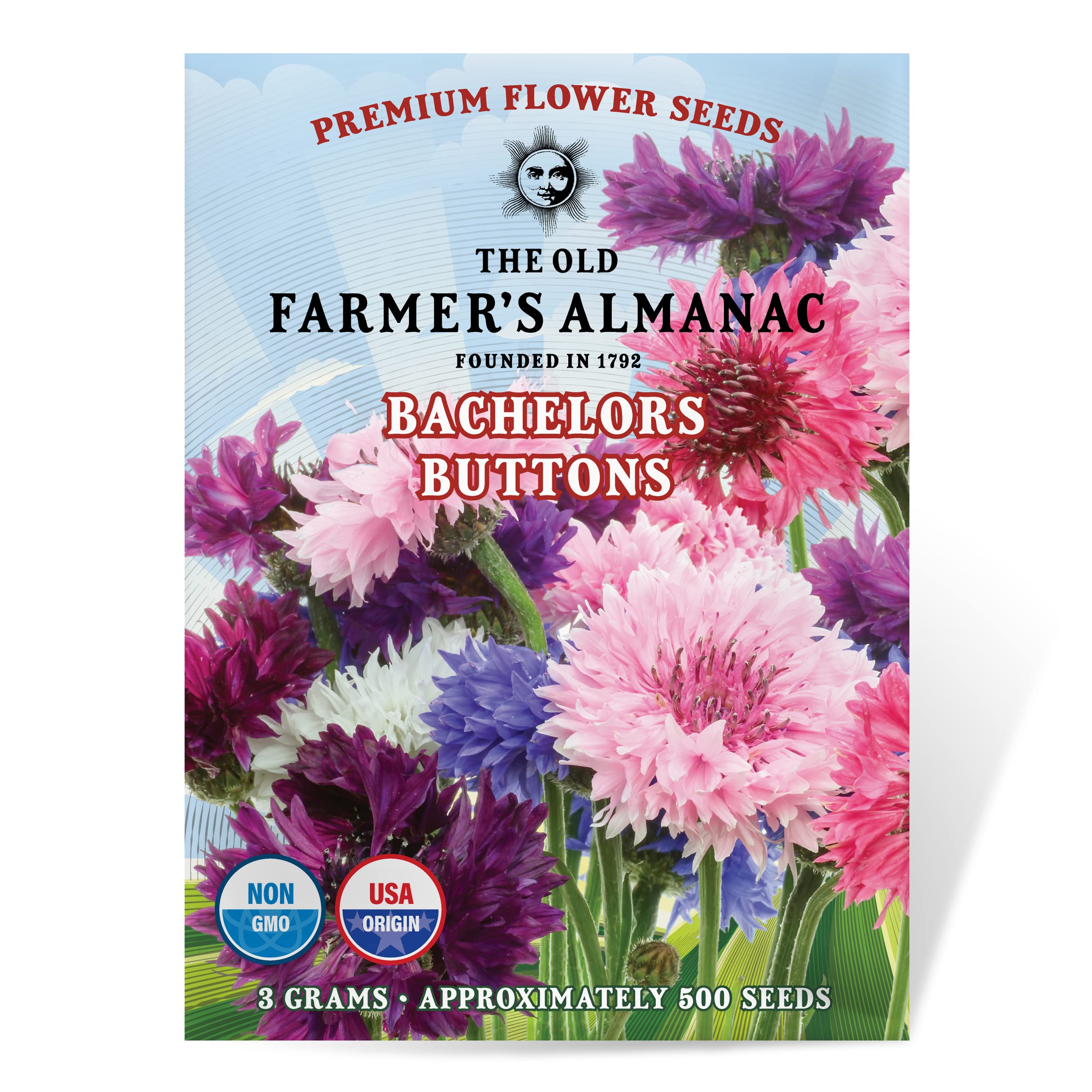 The Old Farmer's Almanac Bachelors Buttons Seeds - Approx 500 Flower Seeds - Non-GMO, Premium, Open Pollinated