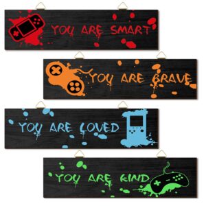 4 Pieces Gaming Decor for Boys Room Wooden Video Game Wall Art Print 11.8 x 3 Inch Motivational Quote Gamer Hanging Plaques Wall Decor for Boys Kids Room Bedroom Playroom Decorations (Vivid Style)