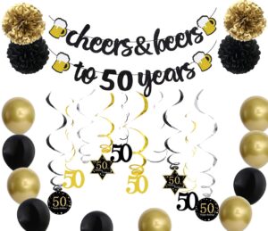 50th birthday party decorations, cheers & beers to 50 years banner, hanging swirls decorations, gold and black paper pom poms, latex balloons for 50th birthday party decorations (50)