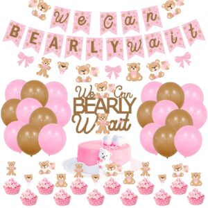 pink teddy bear baby shower theme party supplies, we can bearly wait banner cake topper ballons for girls baby bday, weclome baby, bear theme baby shower, gender reveal party decorations