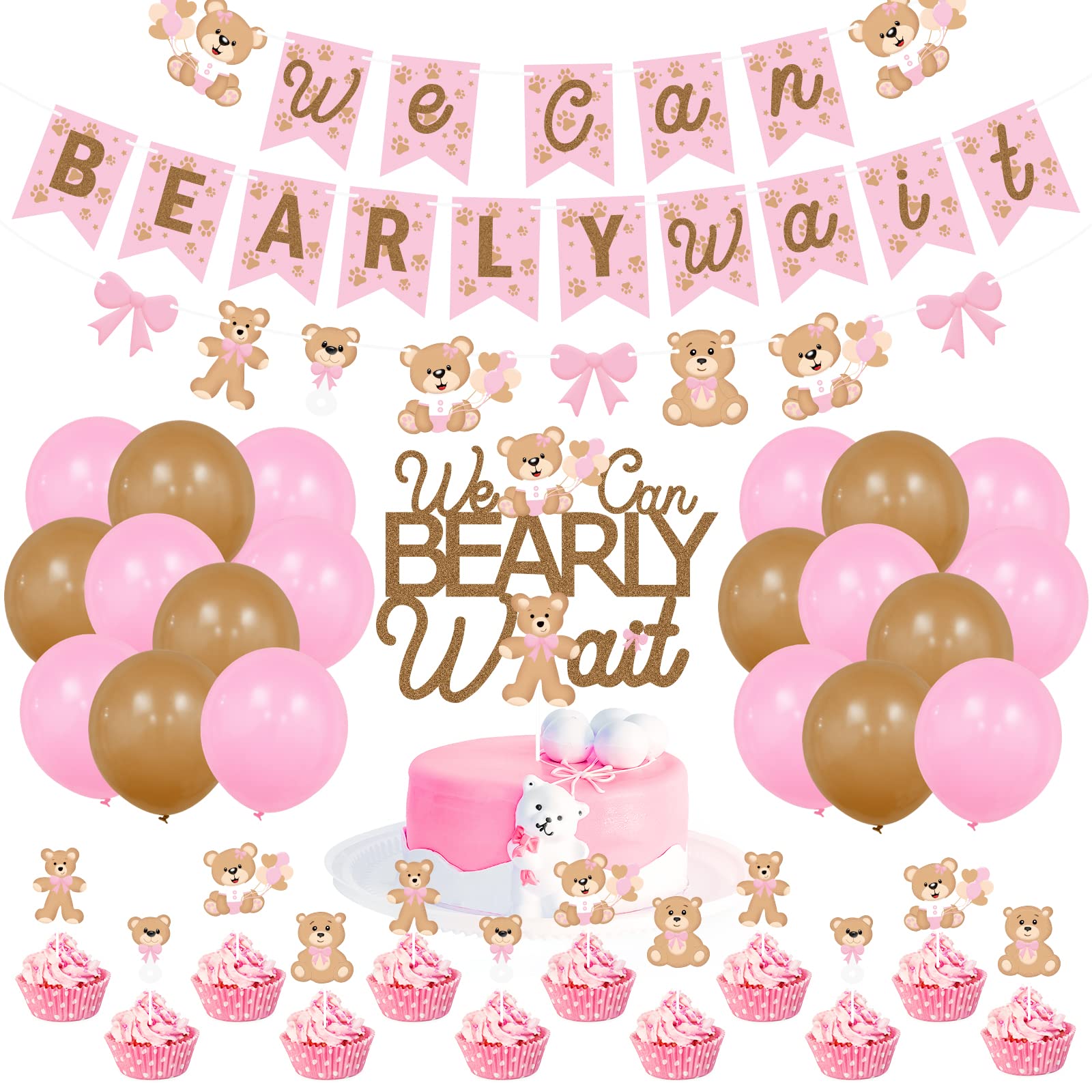 Pink Teddy Bear Baby Shower Theme Party Supplies, We Can Bearly Wait Banner Cake Topper Ballons for Girls Baby Bday, Weclome Baby, Bear Theme Baby Shower, Gender Reveal Party Decorations