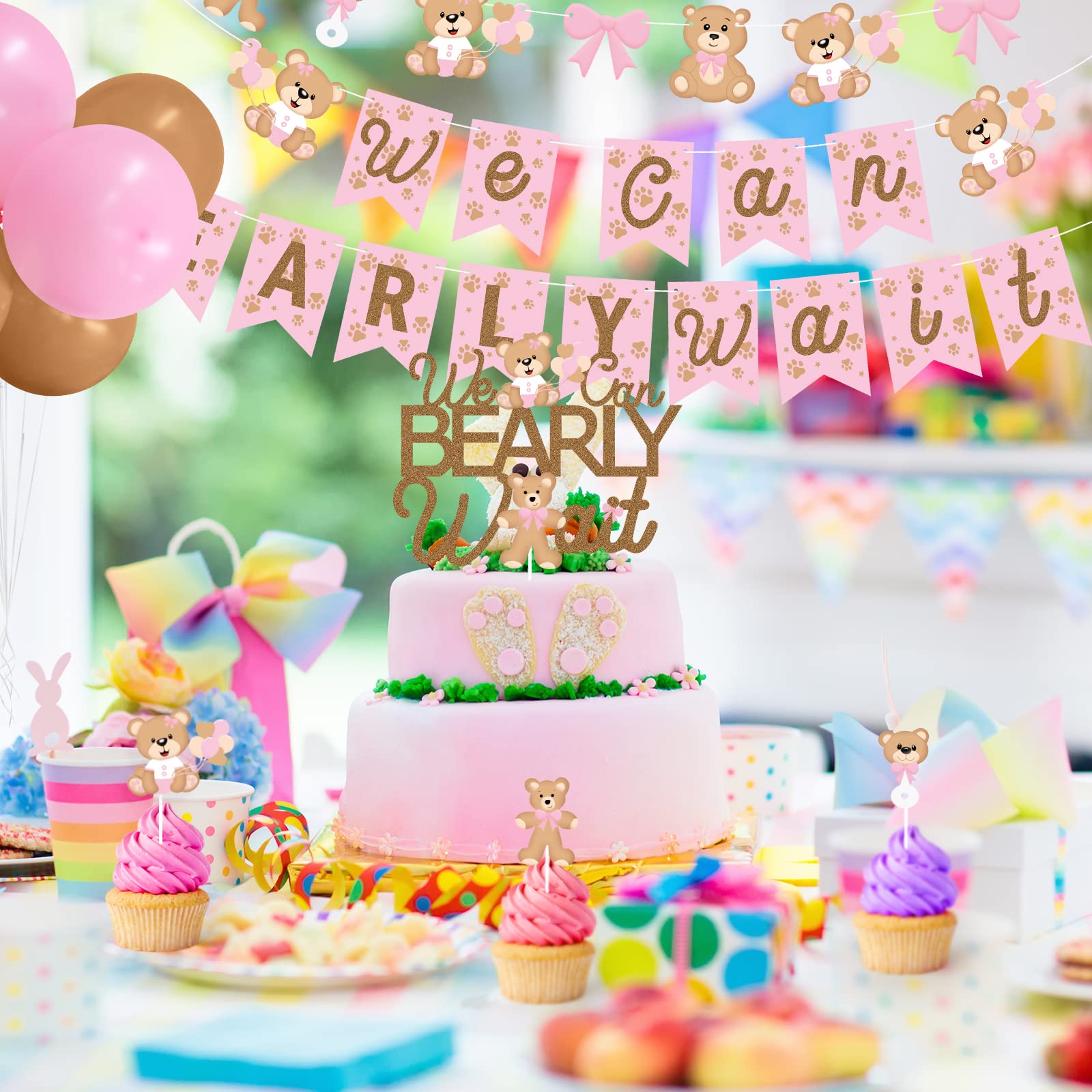 Pink Teddy Bear Baby Shower Theme Party Supplies, We Can Bearly Wait Banner Cake Topper Ballons for Girls Baby Bday, Weclome Baby, Bear Theme Baby Shower, Gender Reveal Party Decorations