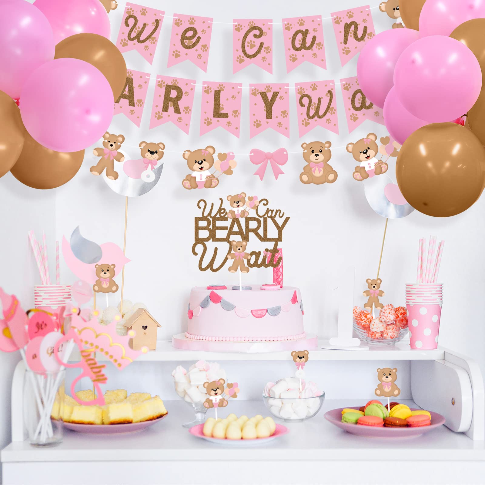 Pink Teddy Bear Baby Shower Theme Party Supplies, We Can Bearly Wait Banner Cake Topper Ballons for Girls Baby Bday, Weclome Baby, Bear Theme Baby Shower, Gender Reveal Party Decorations