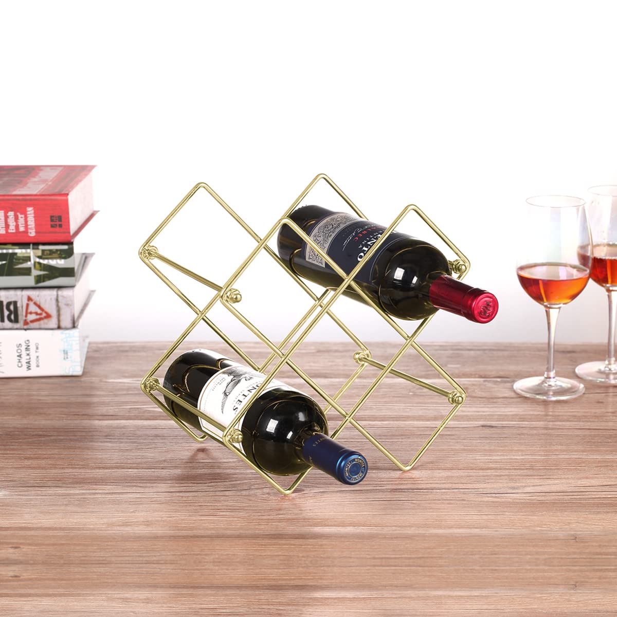 Buruis Countertop Wine Rack - 6 Bottle Wine Holder for Red White Wine Storage - Freestanding Metal Wine Rack - Small Tabletop Wine Rack - Modern Wine Bottle Holder (6 Bottle Gold)