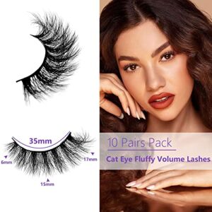 Arekey False Eyelashes Fluffy Faux Mink Lashes 3D Cat-Eye Wispy Lashes Volume Fake Eyelashes 10 Pairs Pack Manga Eye Lash Multipack