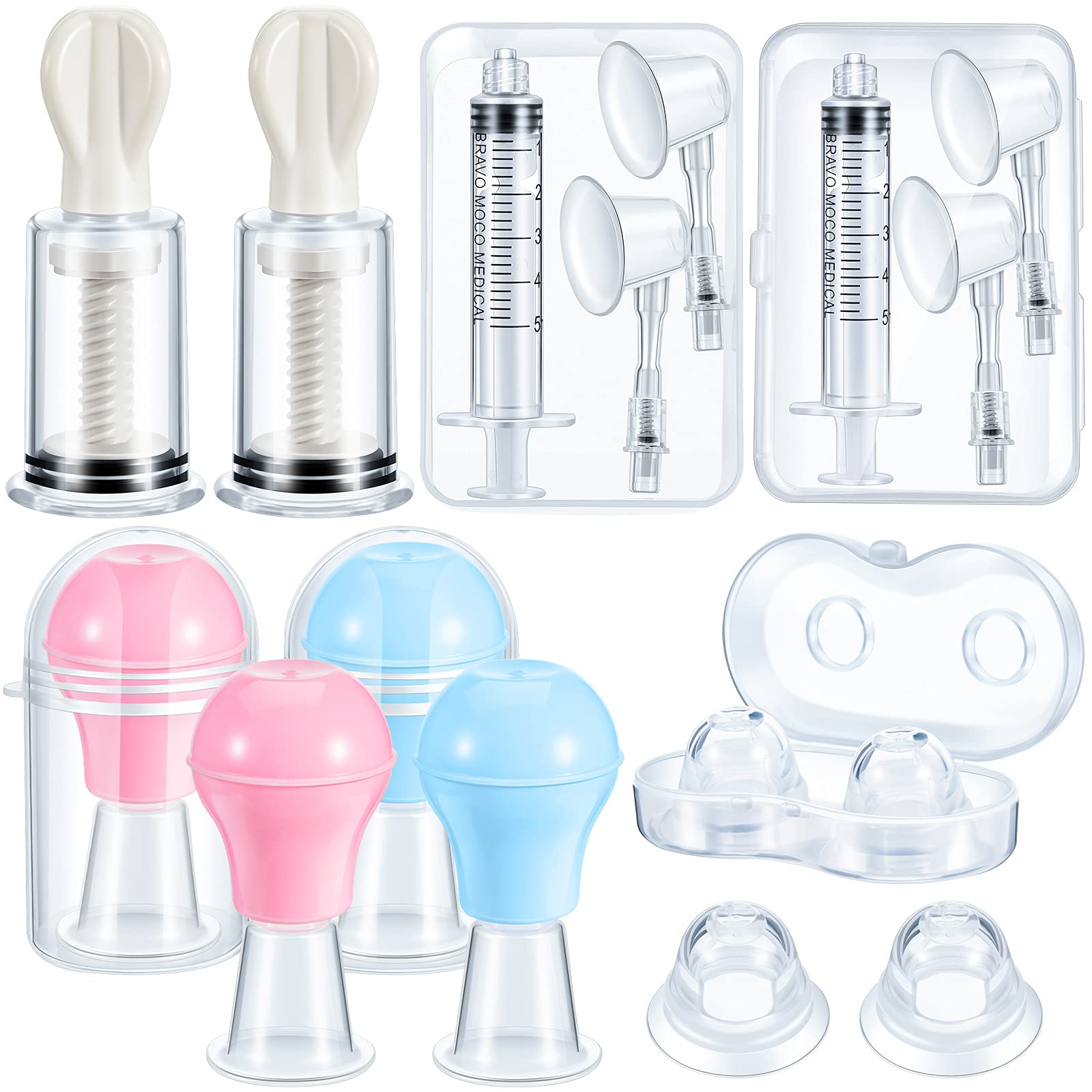 BBTO 8 Pieces Nipple Suction Cups Nipple Corrector Sucker Nipple Pullers Aspirator Women Nipple Flat Inverted for Breastfeeding Silicone with Case (Blue, Pink,1 Inch)