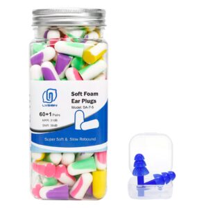 lysian ultra soft foam earplugs for sleep- noise cancelling ear plugs for sleeping, shooting,snoring, mowing sound reduction 38db- 60 pairs multi color