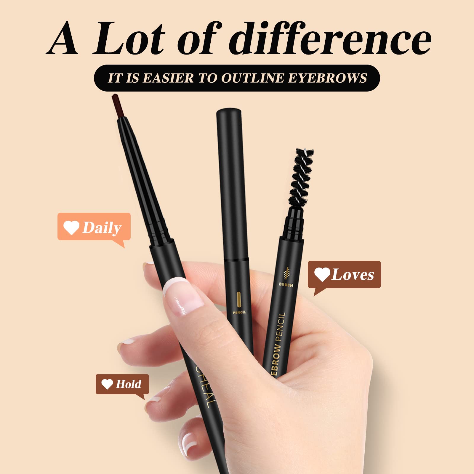 3 Pcs Waterproof Eyebrow Pencil Dark Brown, Premium Eye Brow Pencil Brn with Spoolie Brush, Longwearing for Perfect Brows, Professional, Precision, Defines, Universal Benefit Eyebrow Pencil, O'CHEAL