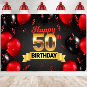 happy 50th birthday red black decorations banner backdrop background balloons cheers to 50 years old bady theme decor for girls boys happy 50 birthday party photo booth props favors supplies