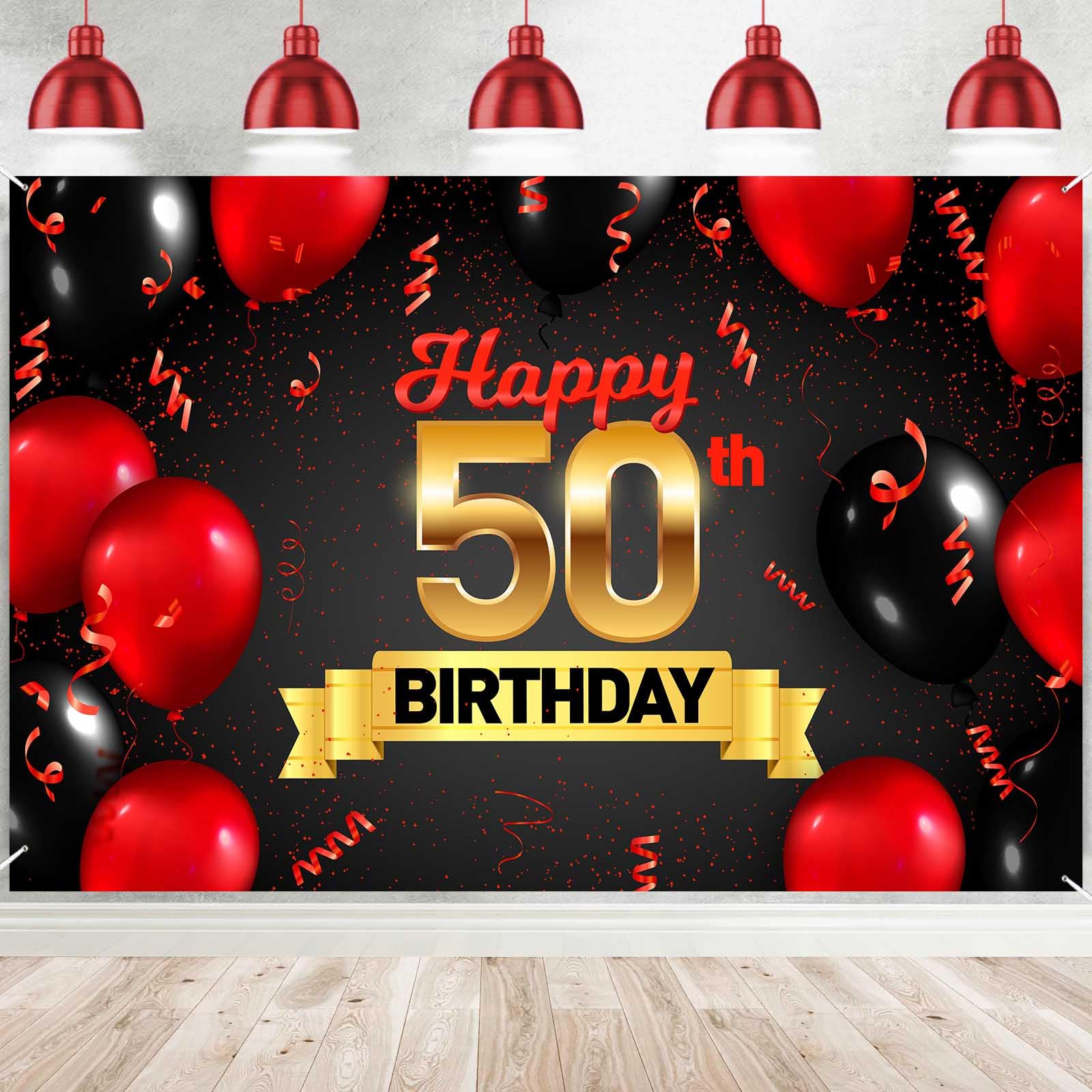 Happy 50th Birthday Red Black Decorations Banner Backdrop Background Balloons Cheers to 50 Years Old Bady Theme Decor for Girls Boys Happy 50 Birthday Party Photo Booth Props Favors Supplies