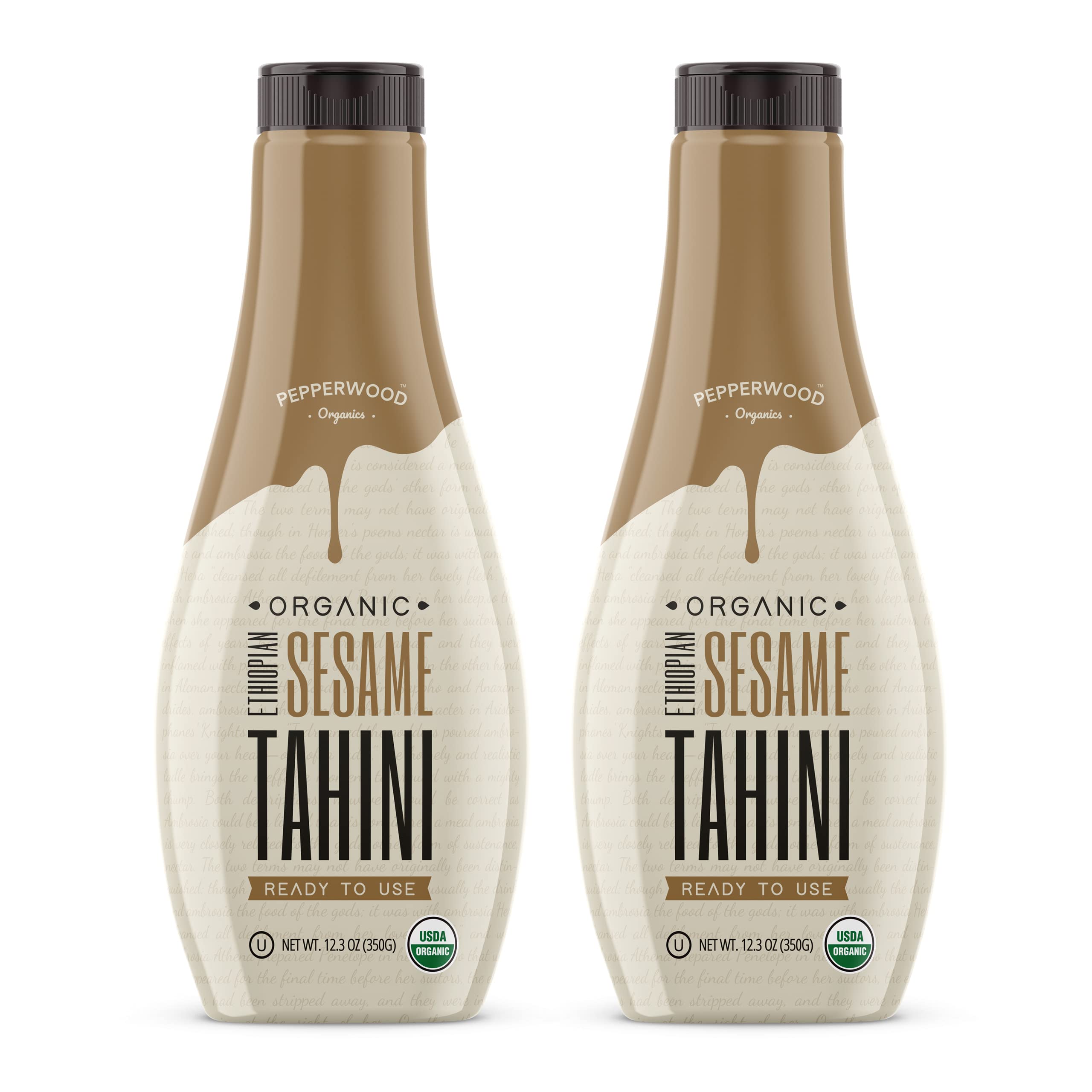 Organic Ethiopian Sesame Tahini - Squeezable Creamy & Ready Tahini Paste 12.3 Ounce (2-Pack) - Hulled, Unsalted, Non-GMO, Gluten-Free, Peanut-Free, by Pepperwood Organics