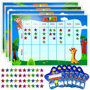 potty training reward chart, 4 water/oil resistant weekly charts, 6 star-shaped diplomas, 600 laser shiny star stickers, perfect for multiple toddlers’ motivational toilet training (each 11” x 7”)