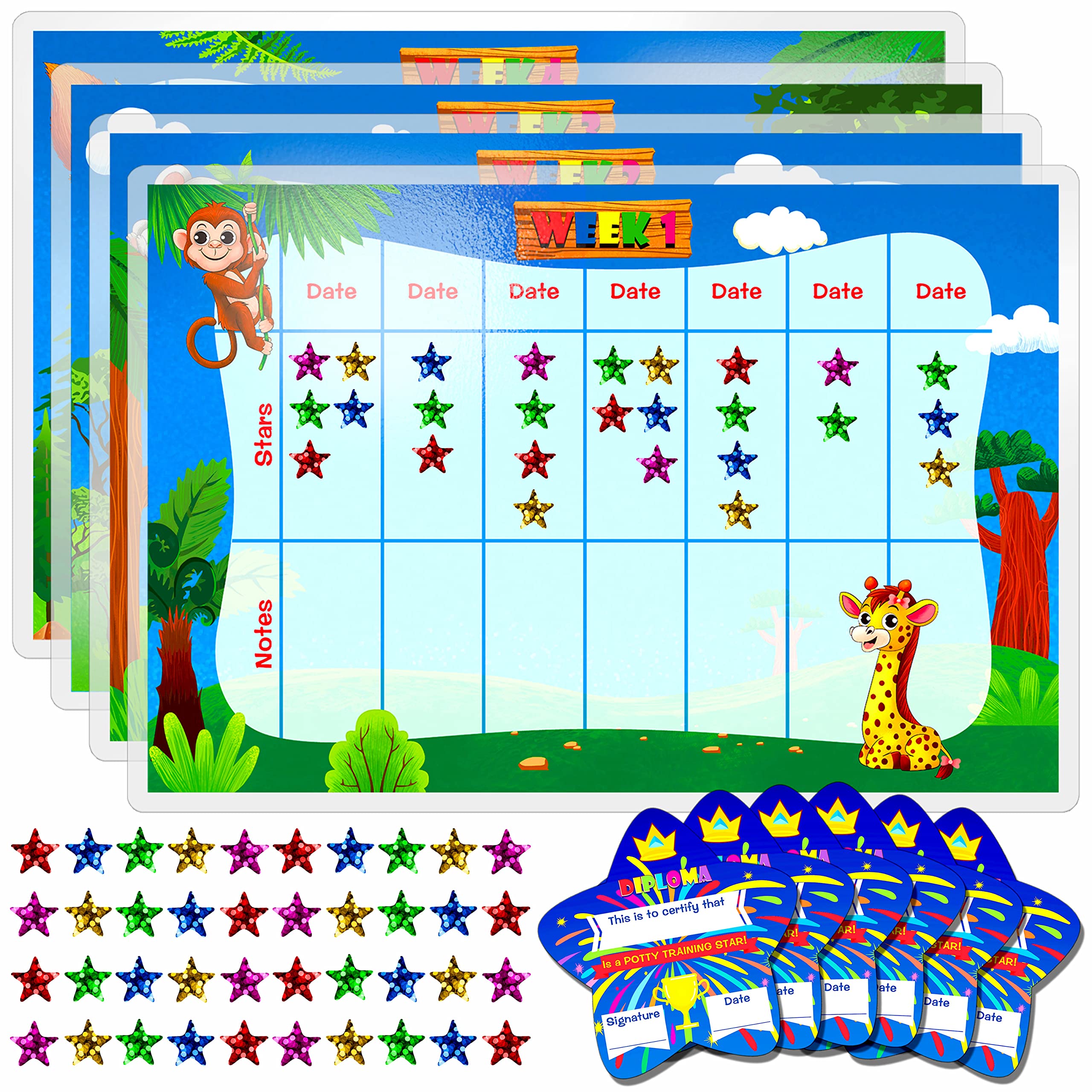 Potty Training Reward Chart, 4 Water/Oil Resistant Weekly Charts, 6 Star-Shaped Diplomas, 600 Laser Shiny Star Stickers, Perfect for Multiple Toddlers’ Motivational Toilet Training (Each 11” X 7”)