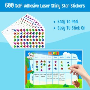 Potty Training Reward Chart, 4 Water/Oil Resistant Weekly Charts, 6 Star-Shaped Diplomas, 600 Laser Shiny Star Stickers, Perfect for Multiple Toddlers’ Motivational Toilet Training (Each 11” X 7”)