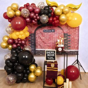 all-in-1 harry potter balloons garland arch kit with bonus snitch – harry potter birthday party decorations & supplies for baby shower, chosen one, wizard burgundy black hogwarts balloons