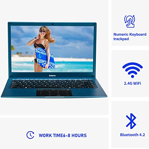 Azeyou Newest 14.1" Thin Light Business Student Laptop Computer, up to 2.8GHz Celeron N4020 Processor, 4GB DDR4 RAM, 64GB Storage, 2MP Webcam, WiFi, Bluetooth, Windows 11 Laptop Blue