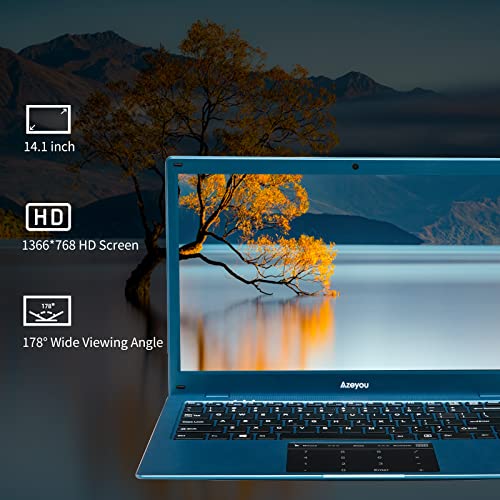 Azeyou Newest 14.1" Thin Light Business Student Laptop Computer, up to 2.8GHz Celeron N4020 Processor, 4GB DDR4 RAM, 64GB Storage, 2MP Webcam, WiFi, Bluetooth, Windows 11 Laptop Blue