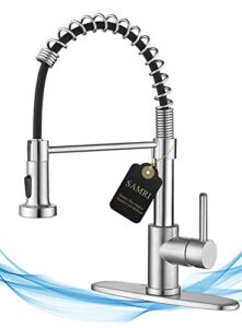 samri kitchen faucets, kitchen sink faucets with pull down sprayer, single handle spring stainless steel brushed nickel faucet for kitchen sink 3 hole, modern kitchen faucet for rv bar farmhouse