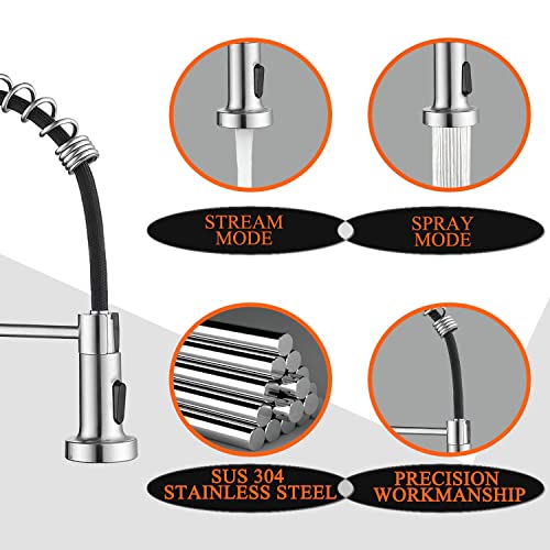 SAMRI Kitchen Faucets, Kitchen Sink Faucets with Pull Down Sprayer, Single Handle Spring Stainless Steel Brushed Nickel Faucet for Kitchen Sink 3 Hole, Modern Kitchen Faucet for RV Bar Farmhouse