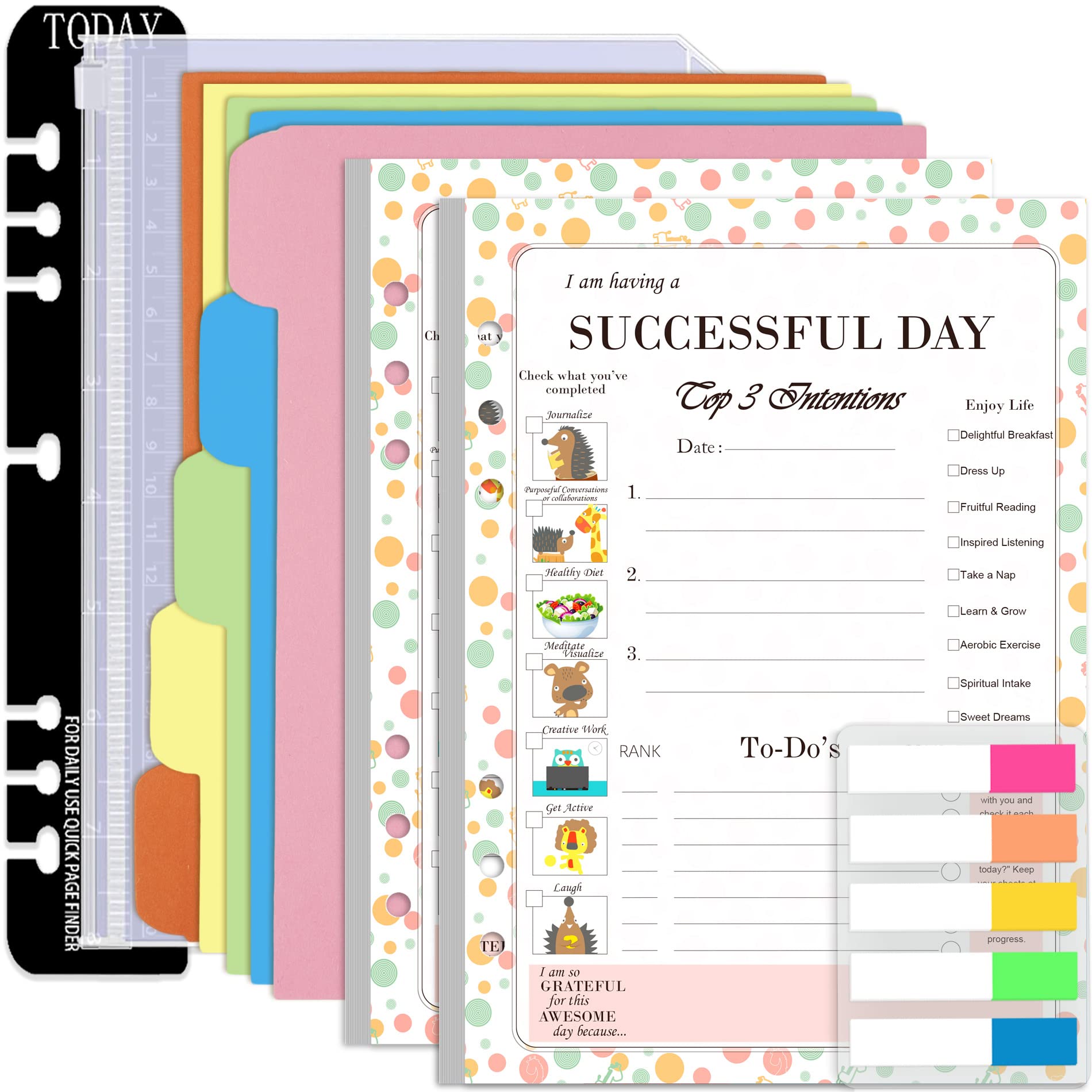 Rancco A5 Planner Inserts Daily Planner To Do List Refills, 90 Sheet 180 Page 6-Hole Successful Day Planner Refills w/Binder Divider, Pouch, Ruler, Index Tab for Filofax, Journal, Undated,5.7x8.3inch