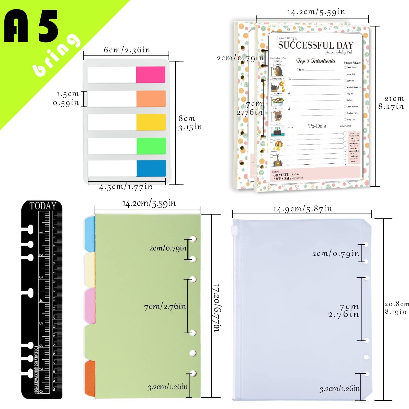 Rancco A5 Planner Inserts Daily Planner To Do List Refills, 90 Sheet 180 Page 6-Hole Successful Day Planner Refills w/Binder Divider, Pouch, Ruler, Index Tab for Filofax, Journal, Undated,5.7x8.3inch