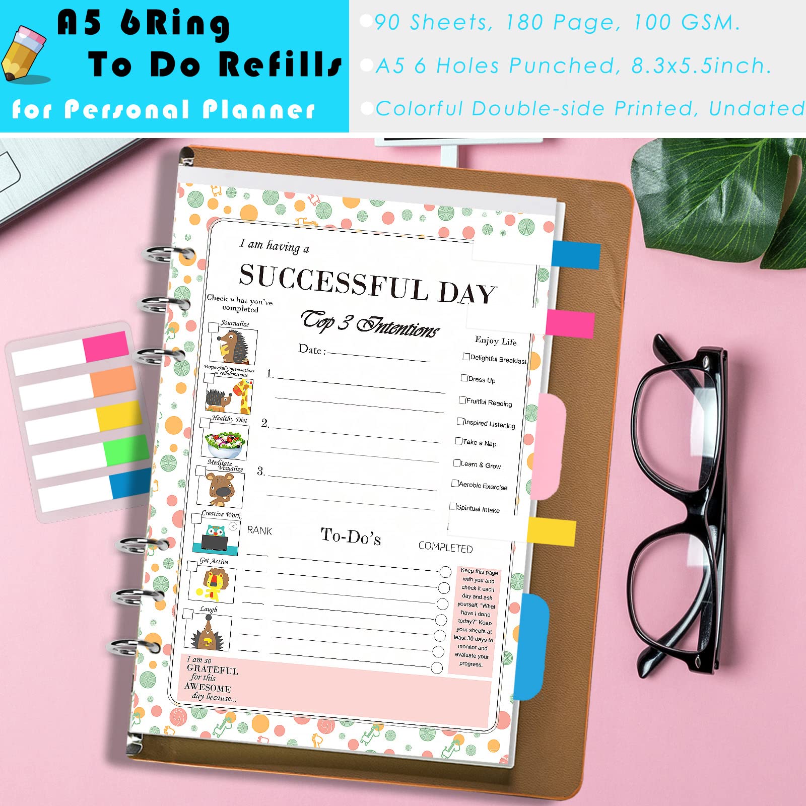 Rancco A5 Planner Inserts Daily Planner To Do List Refills, 90 Sheet 180 Page 6-Hole Successful Day Planner Refills w/Binder Divider, Pouch, Ruler, Index Tab for Filofax, Journal, Undated,5.7x8.3inch