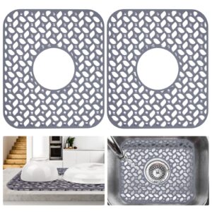 justogo silicone sink mat, grey kitchen sink mats grid accessory, 2 pcs folding non-slip sink protector for kitchen bottom of farmhouse stainless steel porcelain sink (center drain, 13.58''x 11.6'')