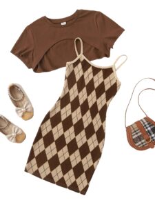 romwe girl's 2 piece outfits argyle print cami short dress with crop top tee brown 11-12y