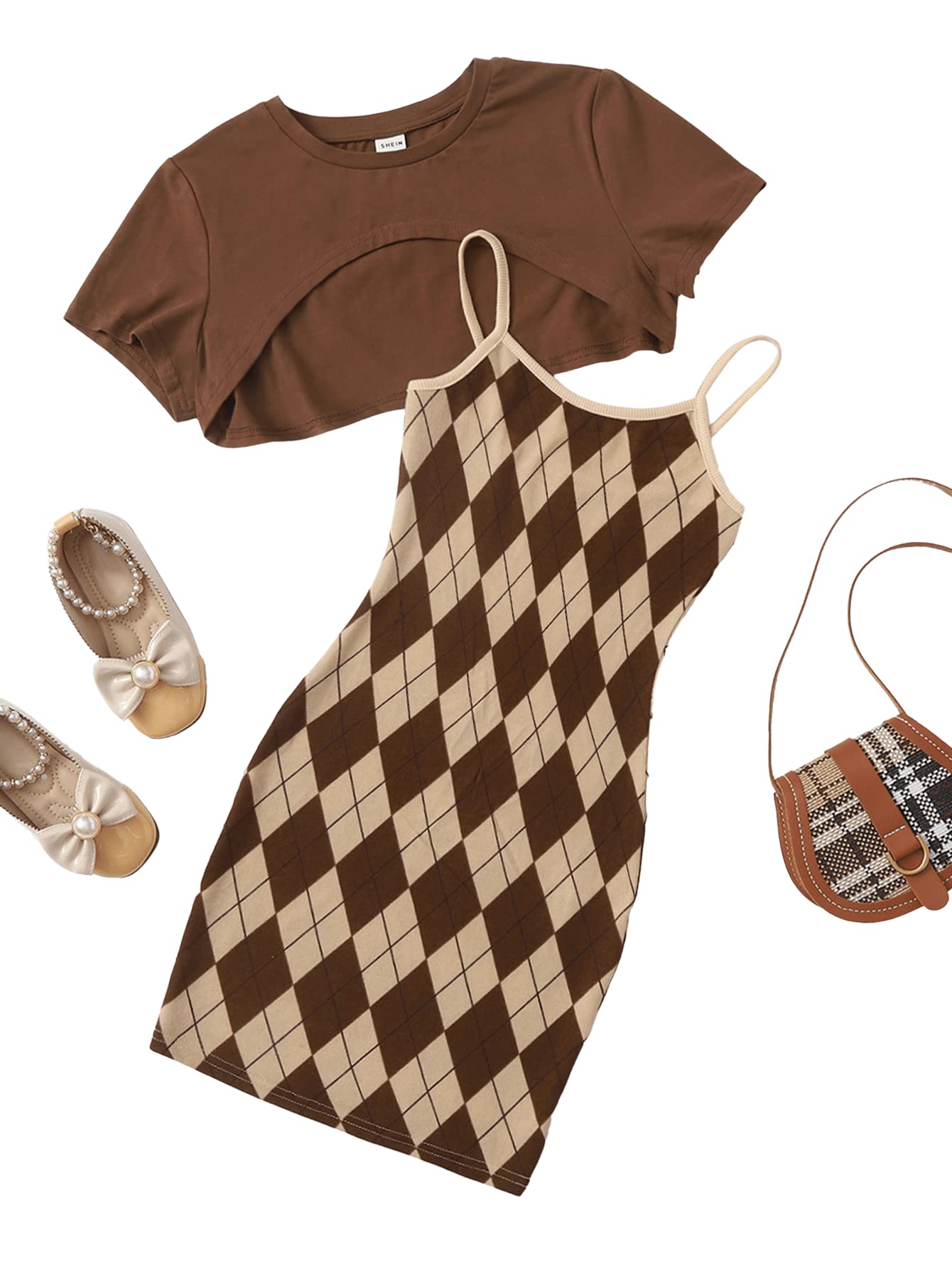 Romwe Girl's 2 Piece Outfits Argyle Print Cami Short Dress with Crop Top Tee Brown 11-12Y