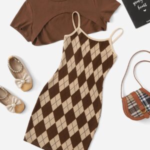 Romwe Girl's 2 Piece Outfits Argyle Print Cami Short Dress with Crop Top Tee Brown 11-12Y