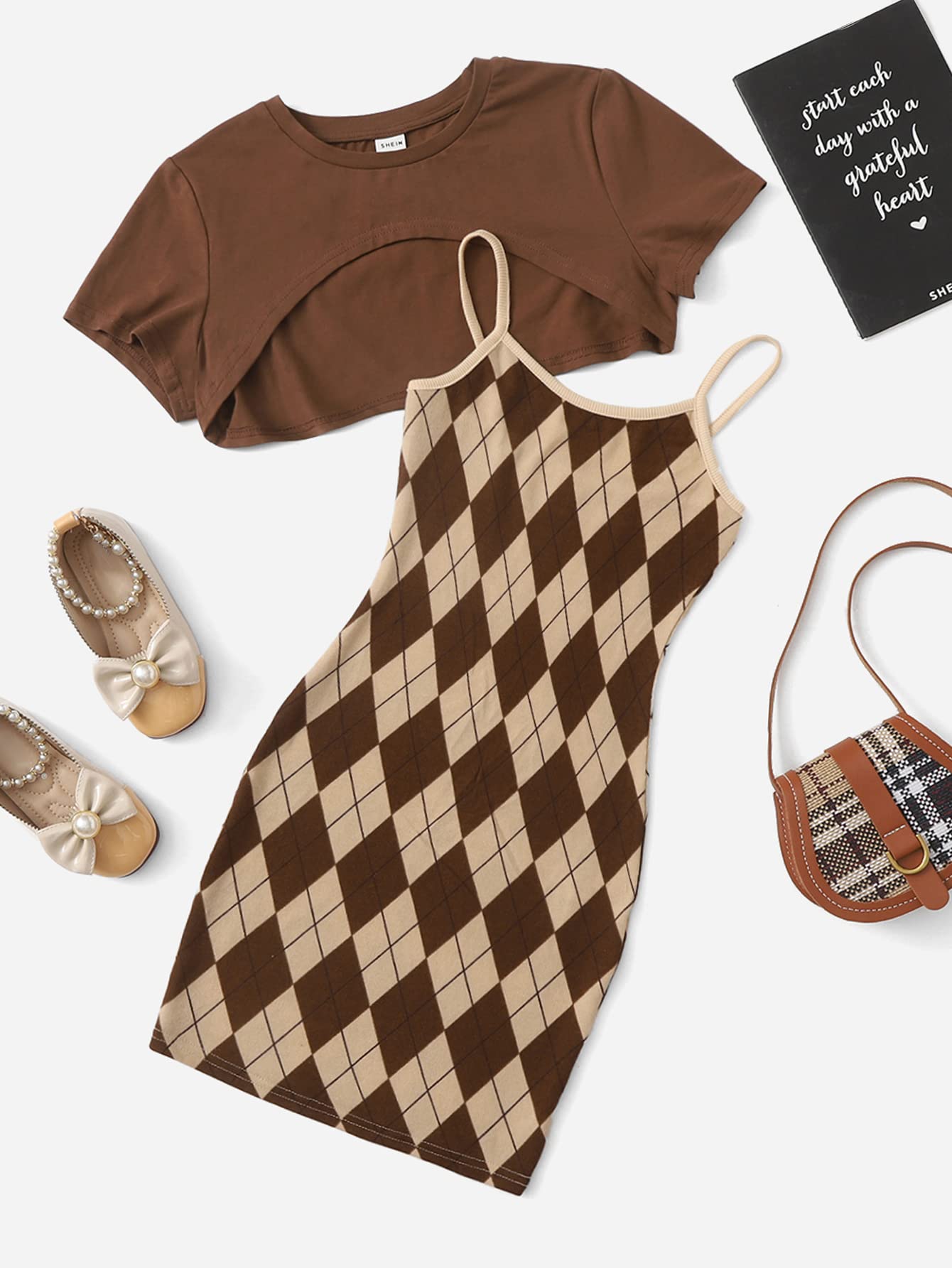 Romwe Girl's 2 Piece Outfits Argyle Print Cami Short Dress with Crop Top Tee Brown 11-12Y