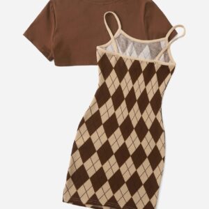 Romwe Girl's 2 Piece Outfits Argyle Print Cami Short Dress with Crop Top Tee Brown 11-12Y