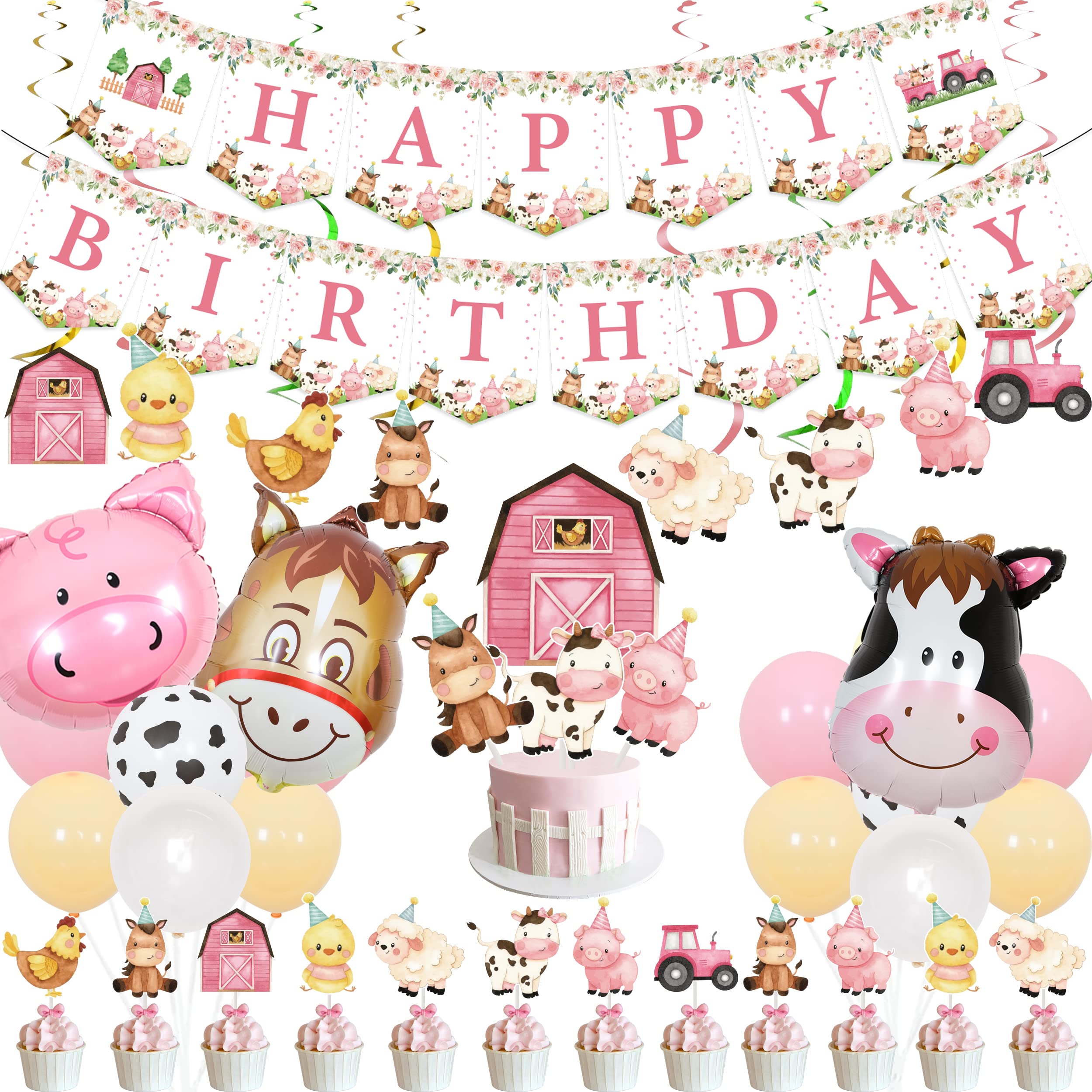 Pink Farm Animals Birthday Decorations for Girls Farmhouse Floral Theme Happy Birthday Banner Cow Pig Donkey Balloons Hanging Swirls Cake Cupcake Toppers for Kids Barnyard Theme Bday Party Supplies