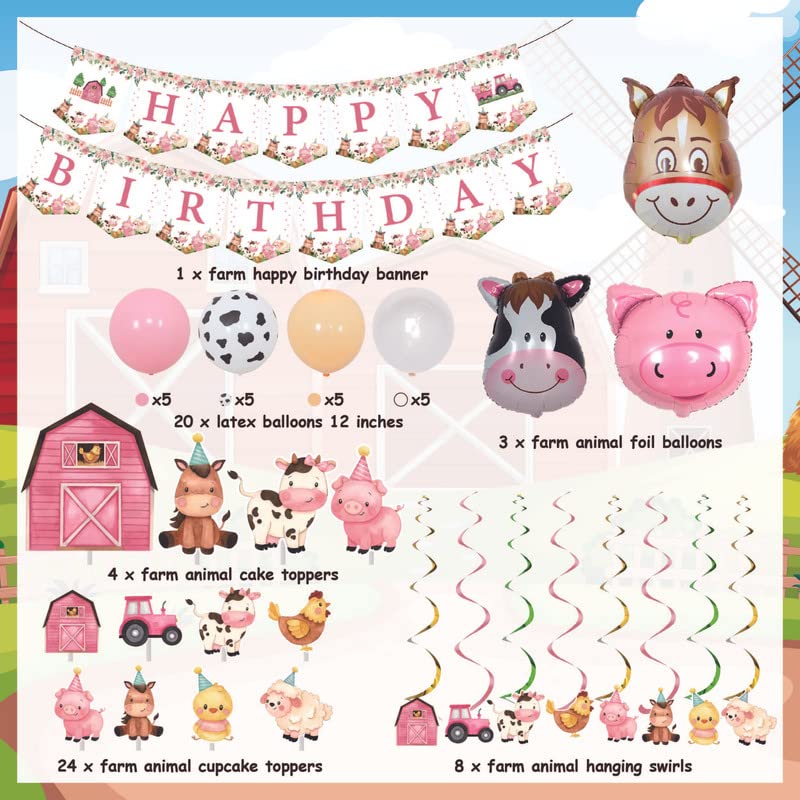 Pink Farm Animals Birthday Decorations for Girls Farmhouse Floral Theme Happy Birthday Banner Cow Pig Donkey Balloons Hanging Swirls Cake Cupcake Toppers for Kids Barnyard Theme Bday Party Supplies