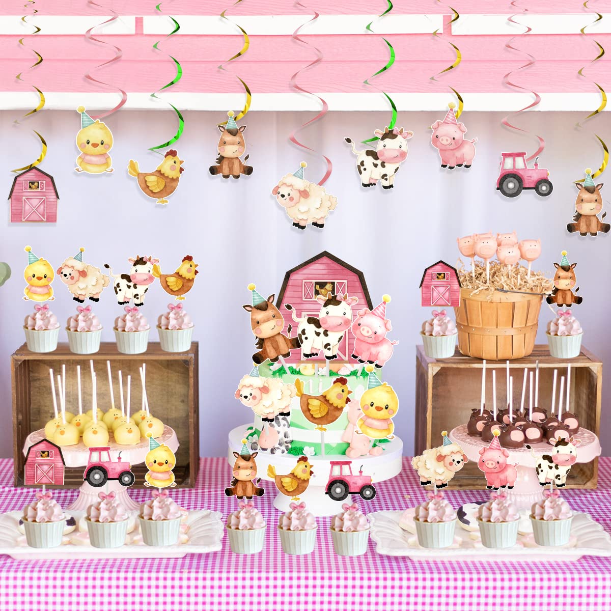 Pink Farm Animals Birthday Decorations for Girls Farmhouse Floral Theme Happy Birthday Banner Cow Pig Donkey Balloons Hanging Swirls Cake Cupcake Toppers for Kids Barnyard Theme Bday Party Supplies