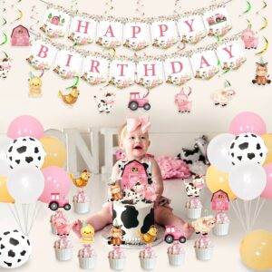 Pink Farm Animals Birthday Decorations for Girls Farmhouse Floral Theme Happy Birthday Banner Cow Pig Donkey Balloons Hanging Swirls Cake Cupcake Toppers for Kids Barnyard Theme Bday Party Supplies