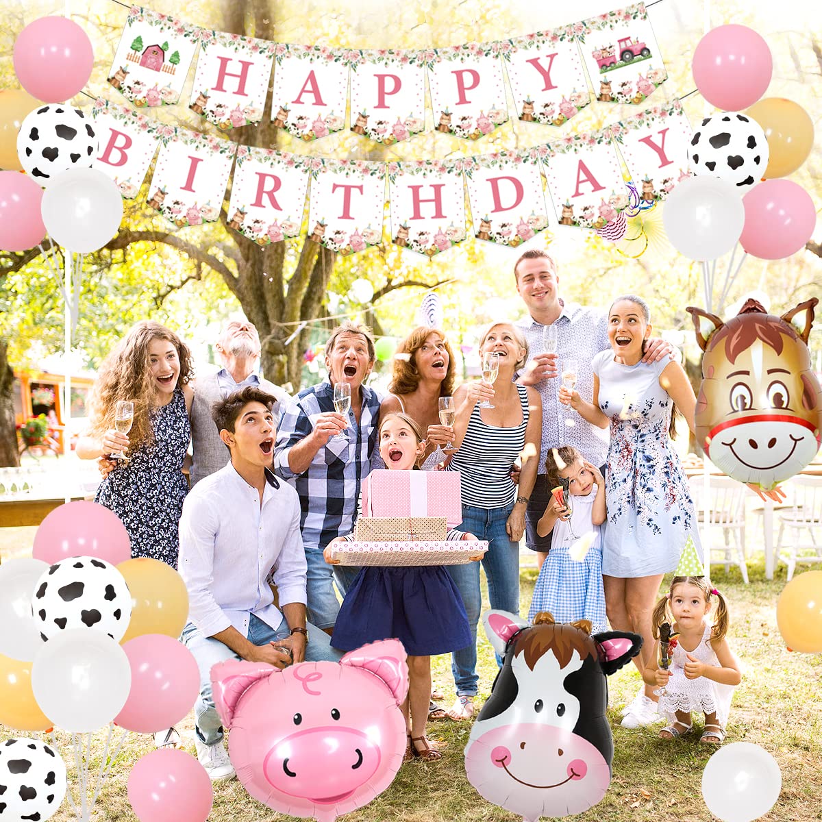 Pink Farm Animals Birthday Decorations for Girls Farmhouse Floral Theme Happy Birthday Banner Cow Pig Donkey Balloons Hanging Swirls Cake Cupcake Toppers for Kids Barnyard Theme Bday Party Supplies