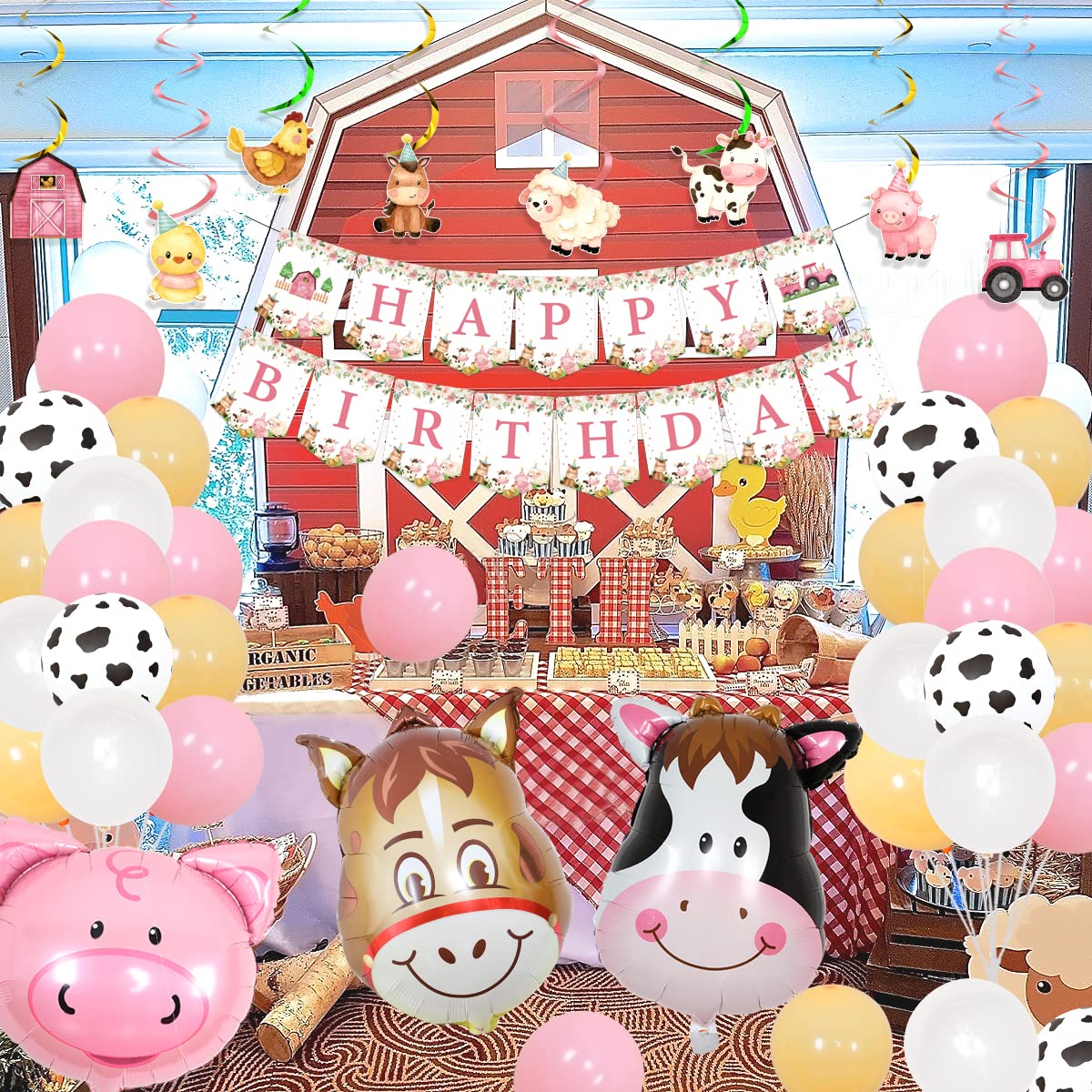 Pink Farm Animals Birthday Decorations for Girls Farmhouse Floral Theme Happy Birthday Banner Cow Pig Donkey Balloons Hanging Swirls Cake Cupcake Toppers for Kids Barnyard Theme Bday Party Supplies