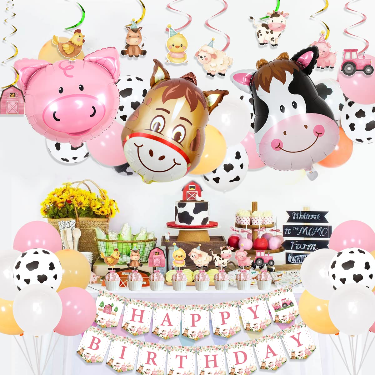 Pink Farm Animals Birthday Decorations for Girls Farmhouse Floral Theme Happy Birthday Banner Cow Pig Donkey Balloons Hanging Swirls Cake Cupcake Toppers for Kids Barnyard Theme Bday Party Supplies