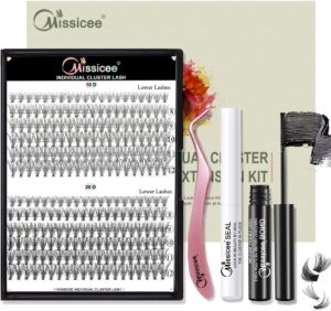 diy lash extension kit, missicee individual lashes kit with 240 pcs lash clusters 5ml cluster lash bond and seal 1 eyelash applicator for beginner diy at home easy to apply (10d+20d-c curl-8-12 mix)