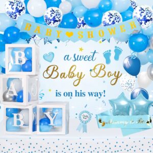 baby shower decorations for boy, blue baby party decor kit with balloons boxes, blue balloon garland backdrop banner and tablecloth and baby shower sash, baby boy shower decorations