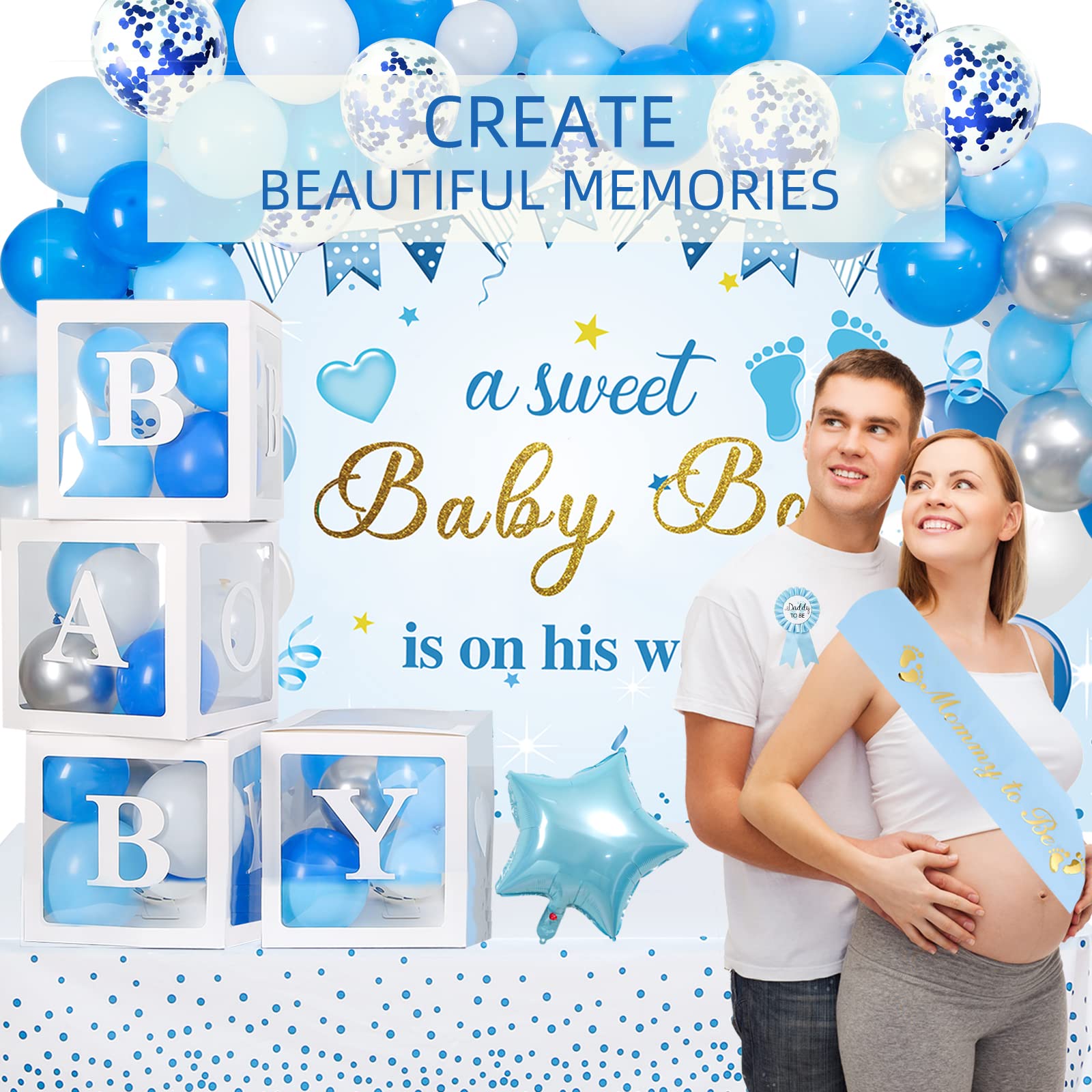 Baby Shower Decorations for Boy, Blue Baby Party Decor Kit with Balloons Boxes, Blue Balloon Garland Backdrop Banner and Tablecloth and Baby Shower Sash, Baby Boy Shower Decorations