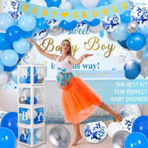 Baby Shower Decorations for Boy, Blue Baby Party Decor Kit with Balloons Boxes, Blue Balloon Garland Backdrop Banner and Tablecloth and Baby Shower Sash, Baby Boy Shower Decorations