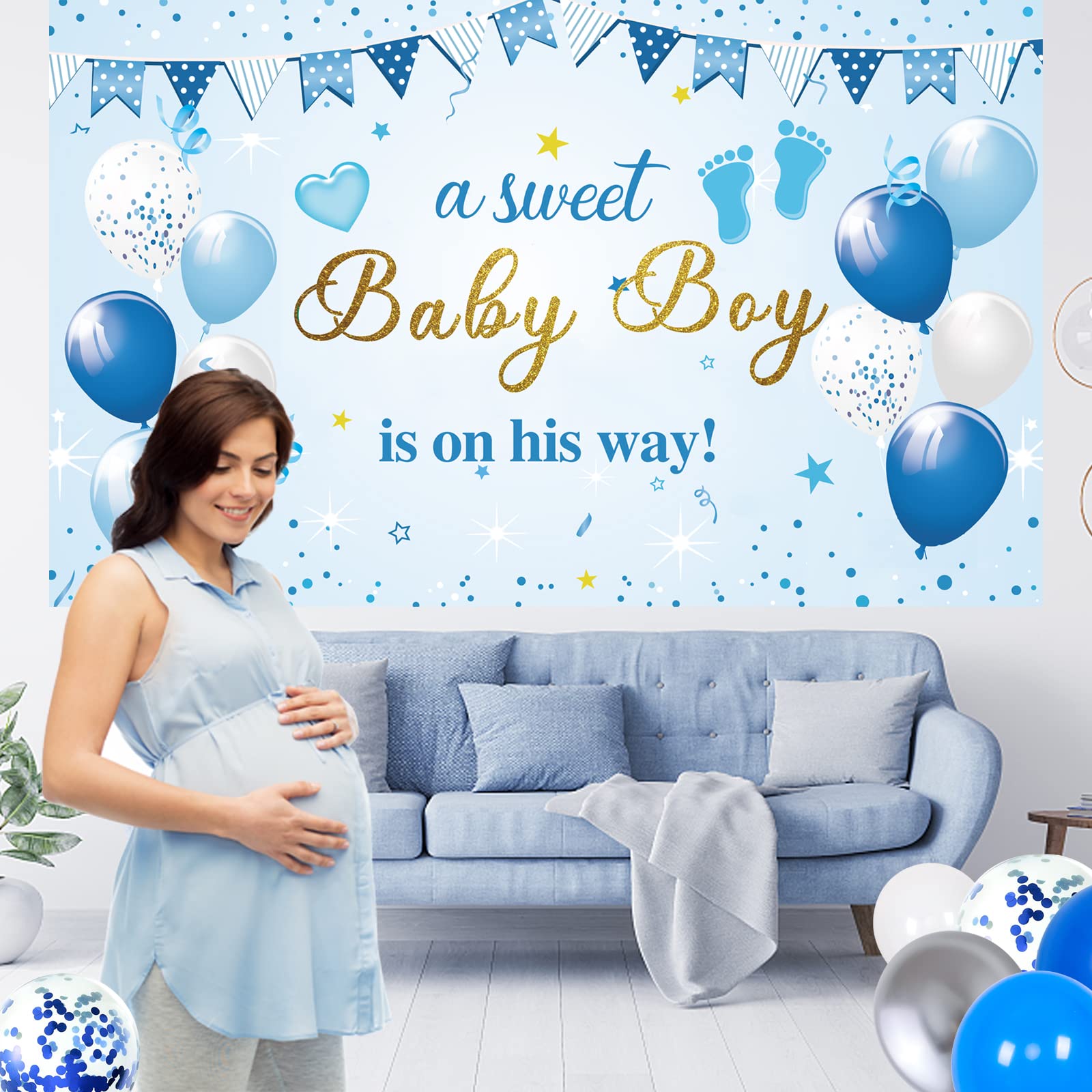 Baby Shower Decorations for Boy, Blue Baby Party Decor Kit with Balloons Boxes, Blue Balloon Garland Backdrop Banner and Tablecloth and Baby Shower Sash, Baby Boy Shower Decorations